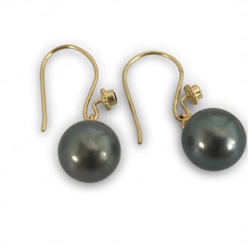 Gem Quality Tahitian Round 10mm Natural Color Cultured Pearl Earrings
with Blue Sapphire