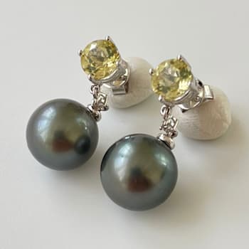 18k White Gold, Diamonds, Lemon Quartz, and AAA1 11mm Round Tahitian
Cultured Pearl Earrings