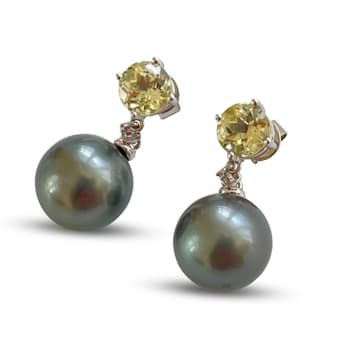 18k White Gold, Diamonds, Lemon Quartz, and AAA1 11mm Round Tahitian
Cultured Pearl Earrings
