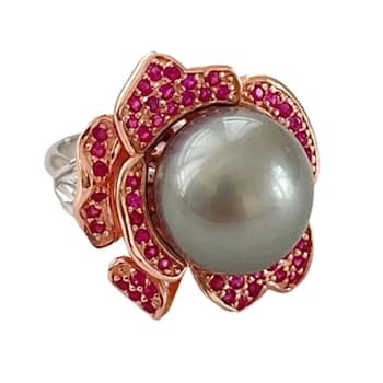 13mm Round Tahitian Cultured Pearl Ring with Sapphire 18k Rose Gold Plating
