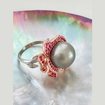 13mm Round Tahitian Cultured Pearl Ring with Sapphire 18k Rose Gold Plating