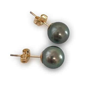 9mm Peacock Tahitian Cultured Pearl Stud Earrings with 14K Yellow Gold