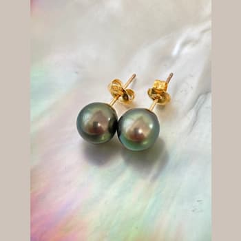 9mm Peacock Tahitian Cultured Pearl Stud Earrings with 14K Yellow Gold