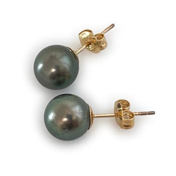 9mm Peacock Tahitian Cultured Pearl Stud Earrings with 14K Yellow Gold