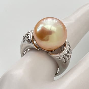 Rare 14mm Natural Color Golden South Sea Cultured Pearl Ring and White
Topaz accent