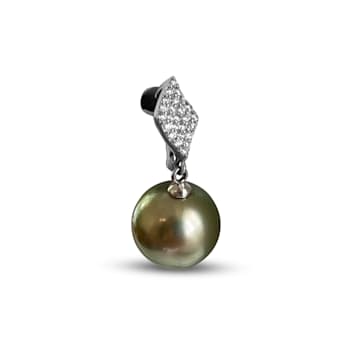 Rare and Flawless 11mm Natural Color Pistachio Tahitian Cultured Pearl
& Diamond Earrings