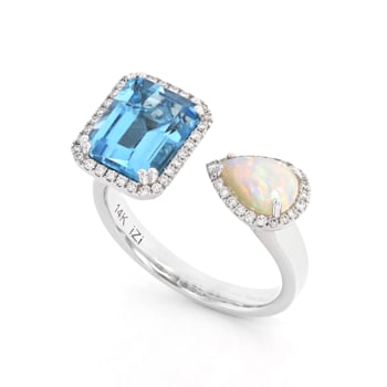 14K White Gold Blue Topaz Opal and Diamond Ring