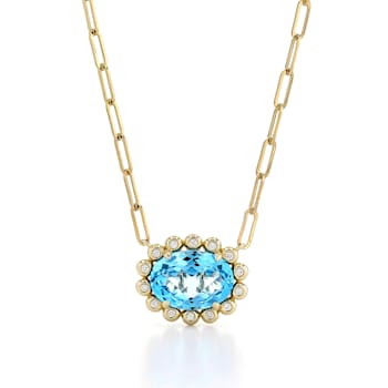 14K Yellow Gold 7ct Blue Topaz and Diamond Necklace