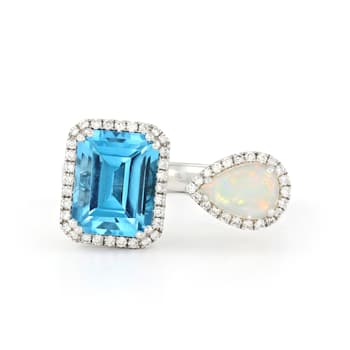 14K White Gold Blue Topaz, Opal and Diamond Ring