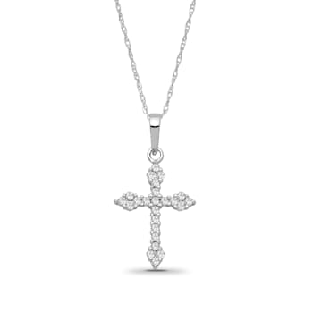 14K White Gold Diamond Cross Pendant with Sterling Silver Chain 0.75ct