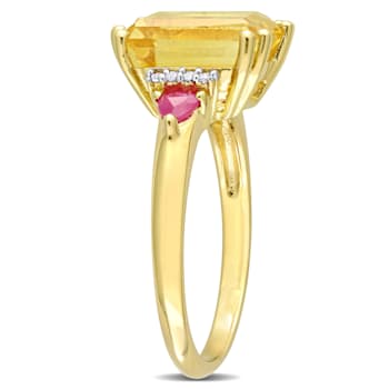 3 1/2 CTW Citrine, Ruby and Diamond 3-Stone Ring in 18K Yellow Gold
Plated Sterling Silver