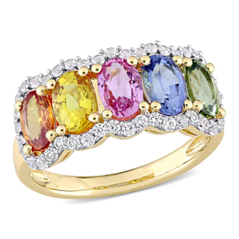 3 1/3 CT TGW Multi-Color Sapphire 5-Stone Halo Ring in 14K Yellow Gold