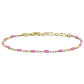 Pink Enamel Station Ball Link Bracelet in Yellow Plated Sterling Silver