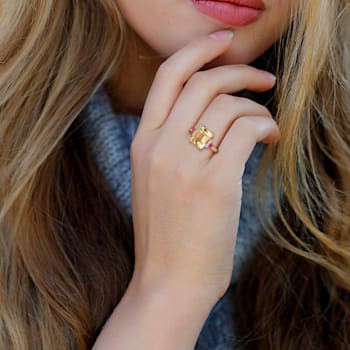 3 1/2 CTW Citrine, Ruby and Diamond 3-Stone Ring in 18K Yellow Gold
Plated Sterling Silver