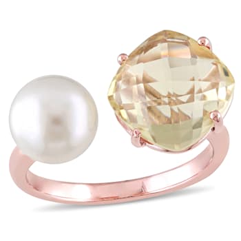 8 8.5MM Freshwater Cultured Pearl and Lemon Quartz Ring in Rose Plated
Sterling Silver