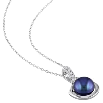 9-9.5MM Black Freshwater Cultured Pearl and Diamond Pendant with Chain
in Sterling Silver