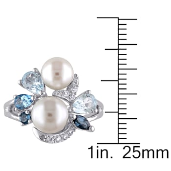 6.5-8MM Freshwater Cultured Pearl and Multi Gem Cluster Ring in Sterling Silver