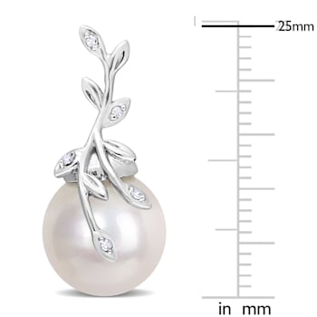11-12MM Freshwater Cultured Pearl and Diamond Accent Leaf Earrings in
14K White Gold