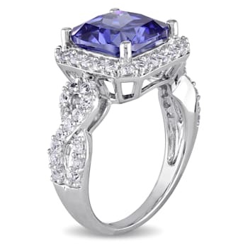 6 3/4 CT TGW Created Tanzanite and Created White Sapphire Halo Ring in
Sterling Silver
