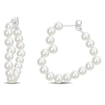 4-4.5MM Freshwater Cultured Pearl Open Heart Hoop Earrings in Sterling Silver