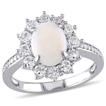 2 CT TGW Opal, White Topaz and 1/10 CT TW Diamond Halo Ring in Sterling Silver