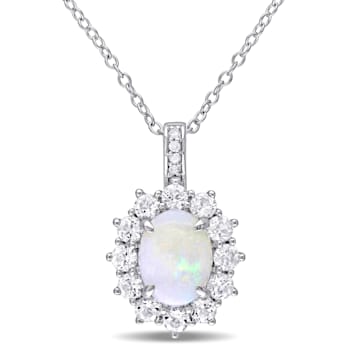 2 CT TGW Opal White Topaz and Diamond Halo Pendant With Chain in
Sterling Silver