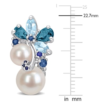 6-8.5MM Freshwater Cultured Pearl and 3 CT TGW Topaz and Sapphire
Earrings in Sterling Silver
