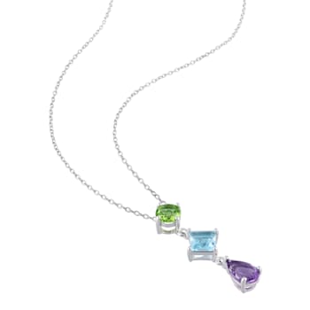 3 1/8 CT TGW Multi-Gemstones Drop Pendant with Chain in Sterling Silver