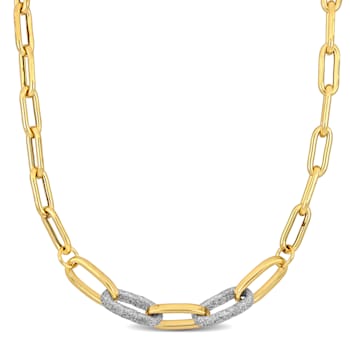White Sparkle Enamel Oval Link Necklace in 14K Yellow Gold Over Sterling Silver