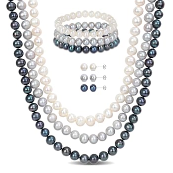 7.5-8MM Multi-Color Freshwater Cultured Pearls Necklace, Bracelet &
Earrings Set in Sterling Silver