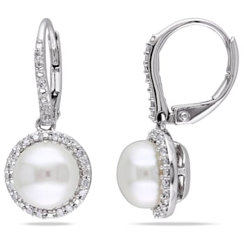 8-8.5 MM Freshwater Cultured Pearl and 1/5 CT TW Diamond Halo Drop
Earrings in Sterling Silver