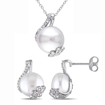 10-12.5MM Freshwater Cultured Pearl & Diamond Stud Earrings &
Pendant Set in Sterling Silver