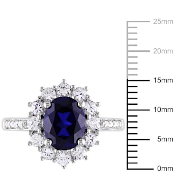 Halo Diamond and 4 CT TGW Created Blue and White Sapphire Ring in
Sterling Silver