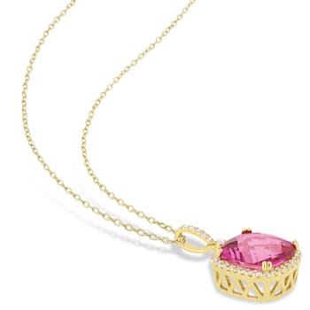8 3/8 CT TGW Pink Topaz and White Sapphire Halo Pendant with Chain in
Yellow Plated Sterling Silver