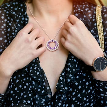 5.38 CTW Amethyst, African Amethyst and White Topaz Open Floral Halo
Sterling Silver Pendant w/Chain