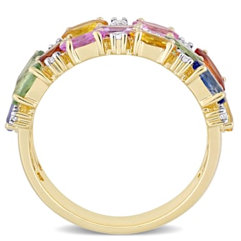 4 1/3 CT TGW Multi-Color Sapphire Triple Row Ring in 14K Yellow Gold