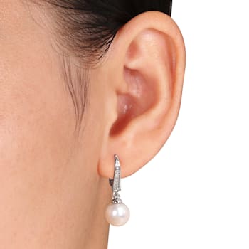 8-8.5 MM Freshwater Cultured Pearl and Diamond Accent Drop Earrings in
Sterling Silver