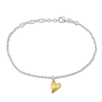 Heart Charm Bracelet in 2-Tone White and Yellow Plated Sterling Silver