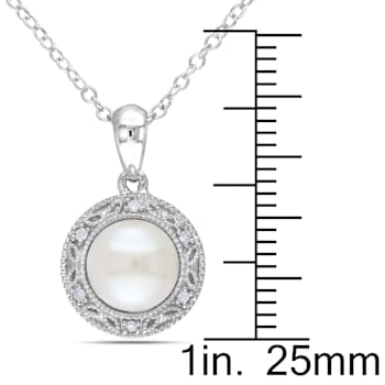 7.5-8MM Freshwater Cultured Pearl and Diamond Filigree Pendant with
Chain in Sterling Silver