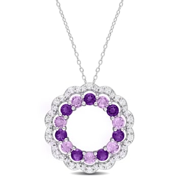 5.38 CTW Amethyst, African Amethyst and White Topaz Open Floral Halo
Sterling Silver Pendant w/Chain