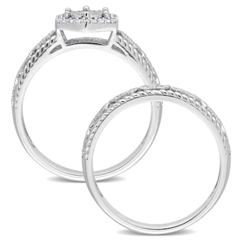 1/4 CT TW Diamond Hexagon Halo Bridal Ring Set in Sterling Silver