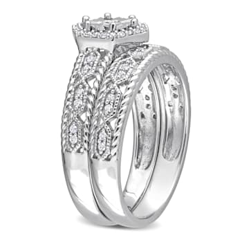 1/4 CT TW Diamond Hexagon Halo Bridal Ring Set in Sterling Silver