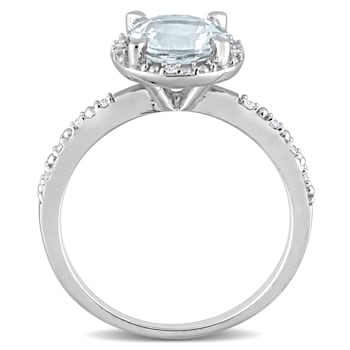 1 1/7 CT TGW Aquamarine and Diamond Accent Halo Ring in Sterling Silver