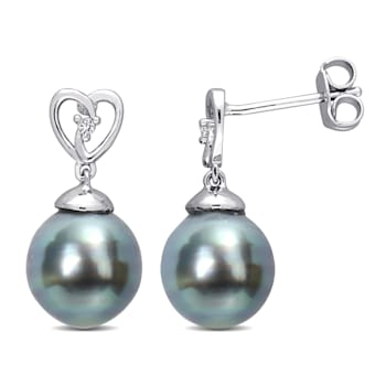 8-9MM Black Tahitian Cultured Pearl and White Topaz Drop Earrings in
Sterling Silver