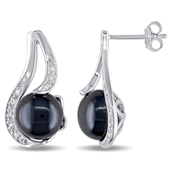 9-9.5 MM Black Freshwater Cultured Pearl Earrings with Diamond Accent in
Sterling Silver
