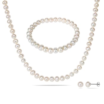 6-7MM Freshwater Cultured Pearl Bracelet, Necklace, and Earrings Set in Brass