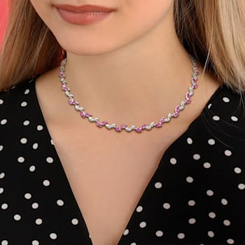 20 CT TGW Created Pink Sapphire Alternate Leaf Necklace in Sterling Silver
