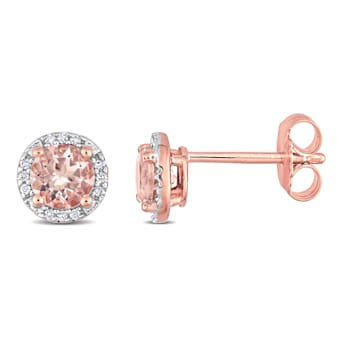 1ct Morganite and Diamond Halo Stud Earrings in Rose Plated Sterling Silver