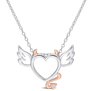 Diamond Devil and Angel Heart Pendant with Chain in Sterling Silver