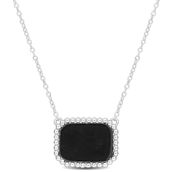 5 CT TGW Black Agate Necklace with Beaded Halo in Sterling Silver